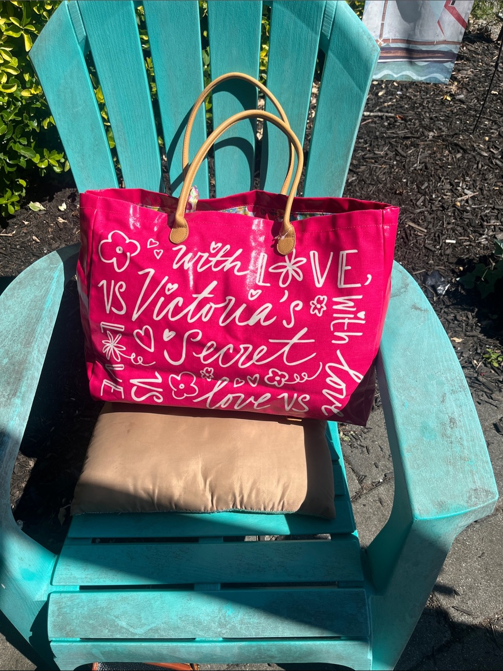 Victoria's Secret Hot Pink Script Tote with Tan Handles